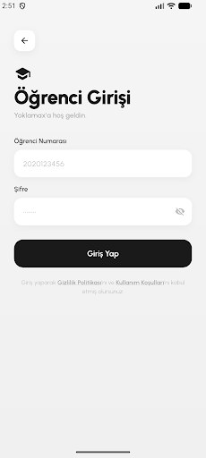 Öğrenci girişi: öğrenci numarası ve şifre
