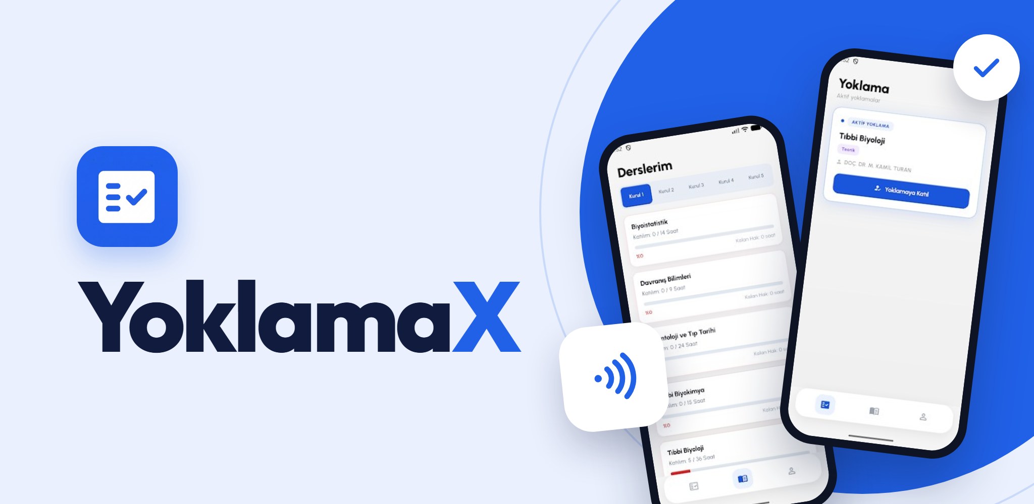 YoklamaX: Derslerim ve aktif yoklama ekranları, yanında NFC işareti
